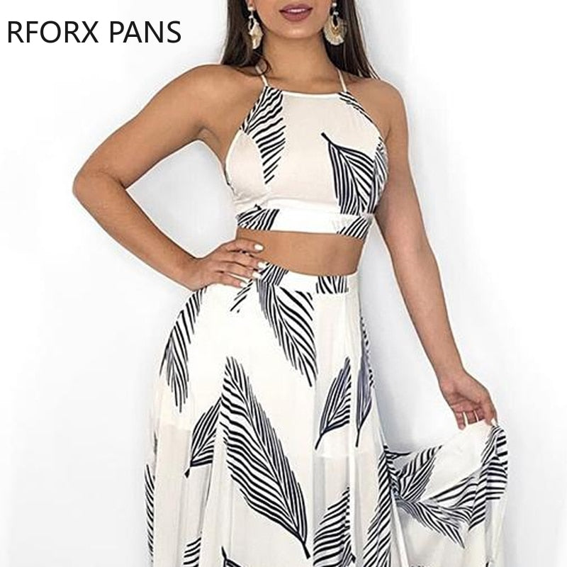 Women Leaf Print Backless Two Pieces Dress