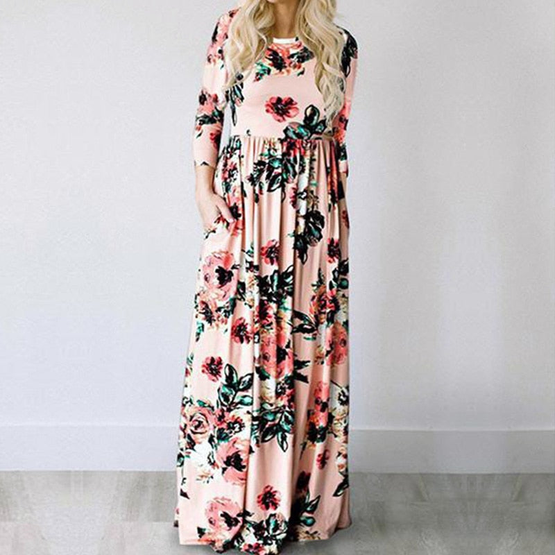 Pink Floral Print Boho Beach Dress Ladies Evening Party