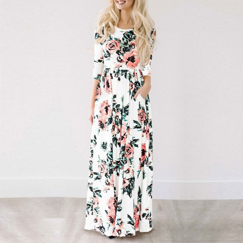 Pink Floral Print Boho Beach Dress Ladies Evening Party