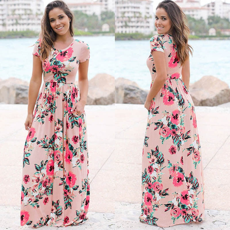 Pink Floral Print Boho Beach Dress Ladies Evening Party