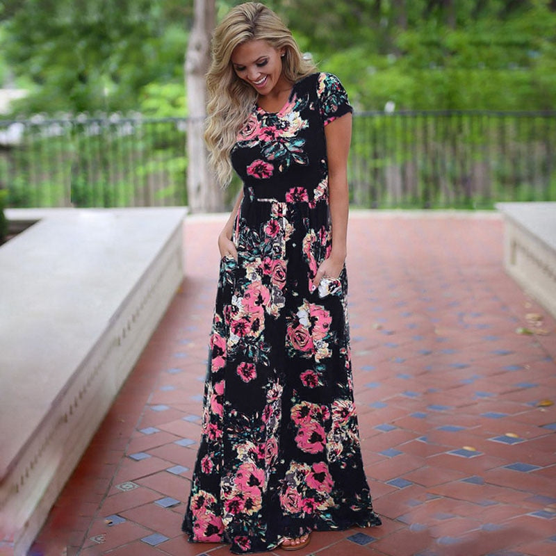 Pink Floral Print Boho Beach Dress Ladies Evening Party