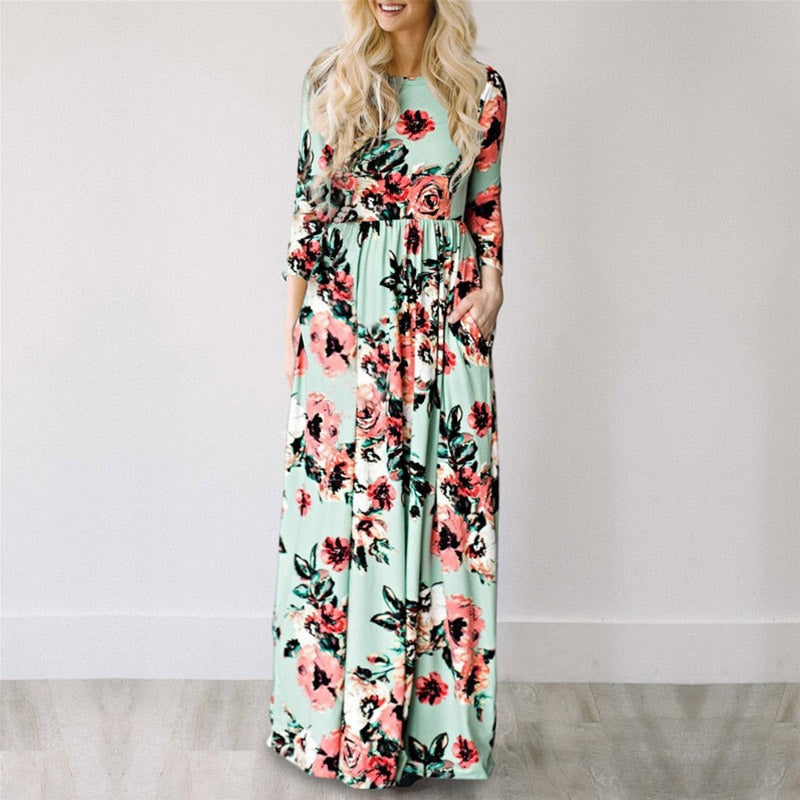 Pink Floral Print Boho Beach Dress Ladies Evening Party