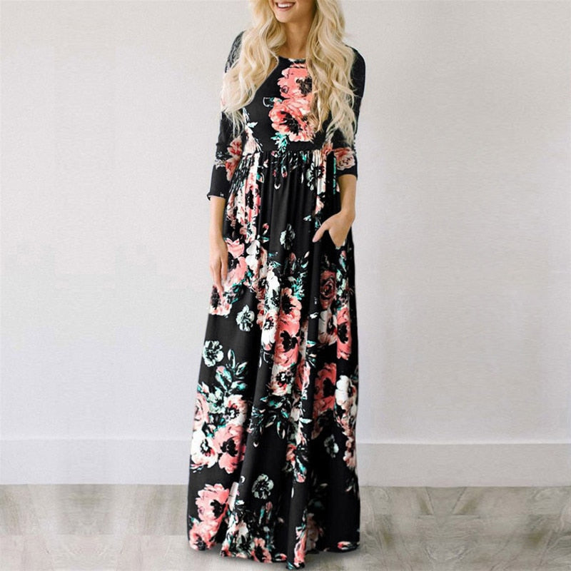 Pink Floral Print Boho Beach Dress Ladies Evening Party