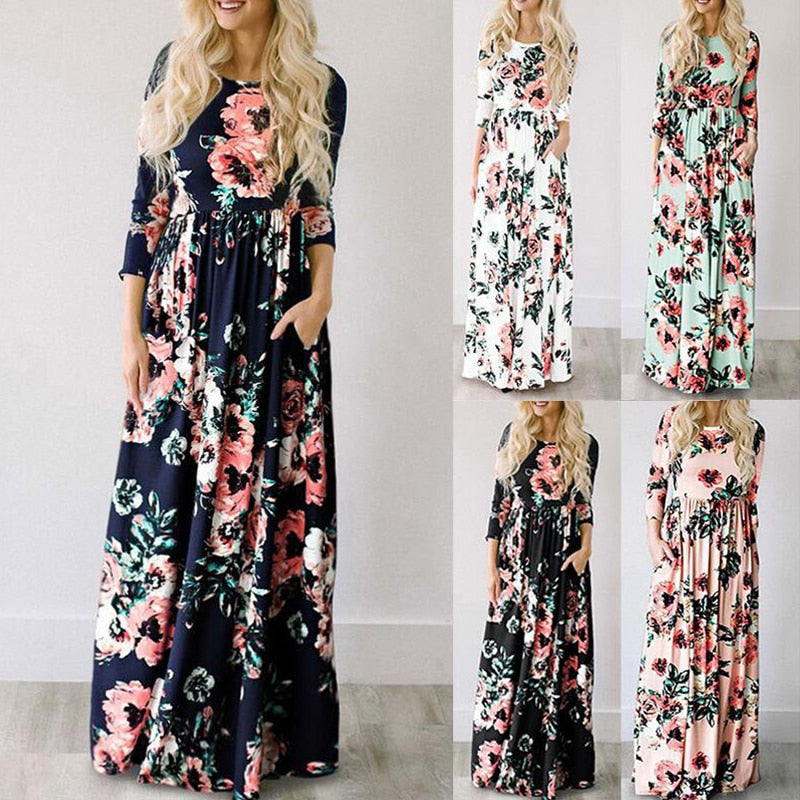 Pink Floral Print Boho Beach Dress Ladies Evening Party