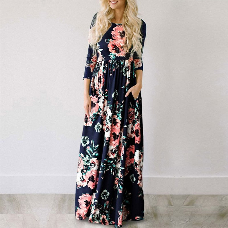 Pink Floral Print Boho Beach Dress Ladies Evening Party