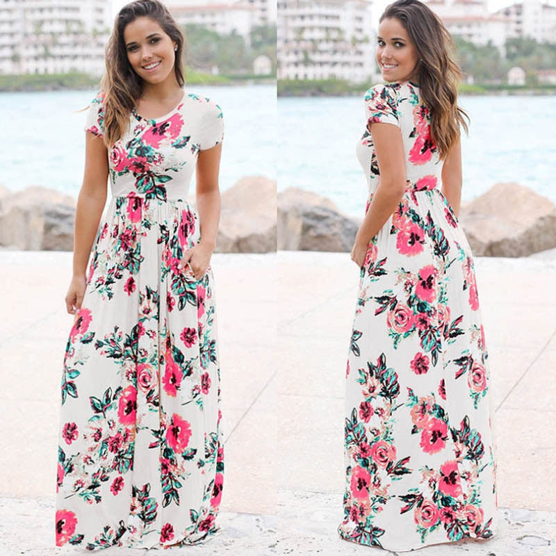 Pink Floral Print Boho Beach Dress Ladies Evening Party