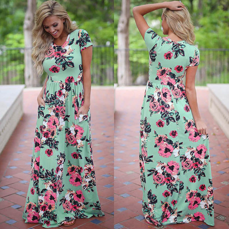 Pink Floral Print Boho Beach Dress Ladies Evening Party