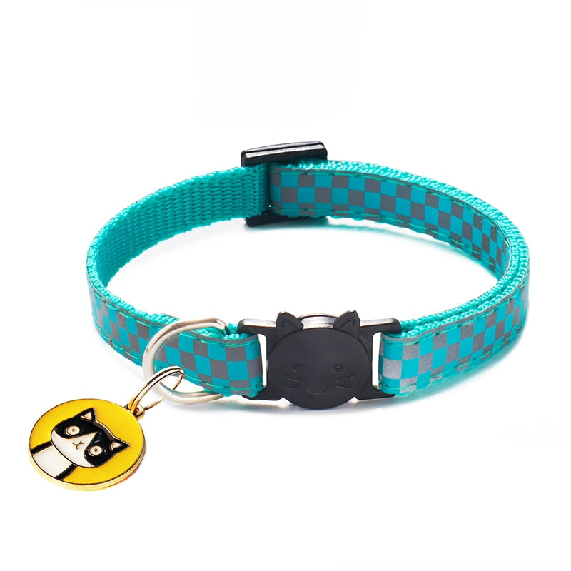 12 Colors Cats Pendants Pet Collars Grid Adjustable Nylon Buckles Check Reflective Pets Collar Cat Head Pattern Accessories