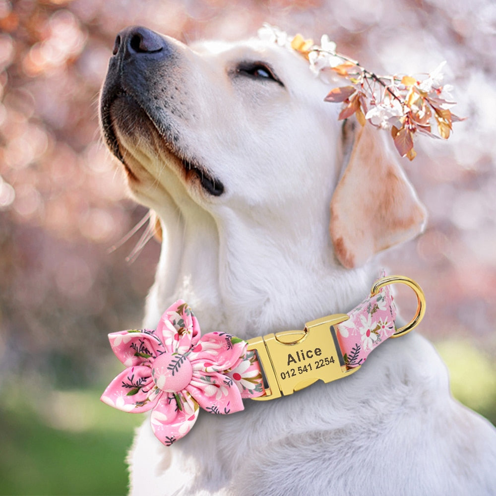 Flower Print Dog Collar And Leash Set Personalized