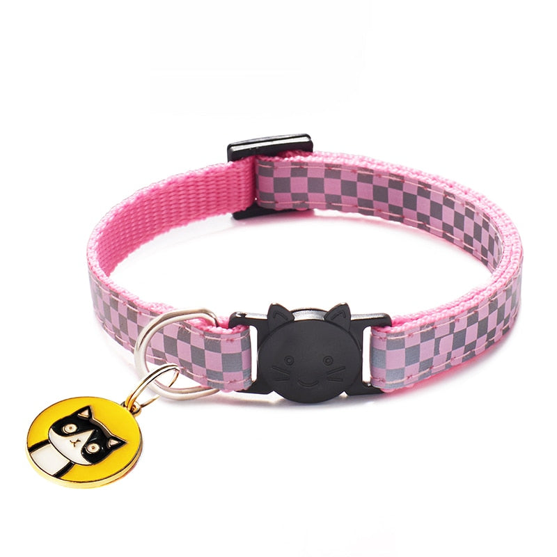 12 Colors Cats Pendants Pet Collars Grid Adjustable Nylon Buckles Check Reflective Pets Collar Cat Head Pattern Accessories