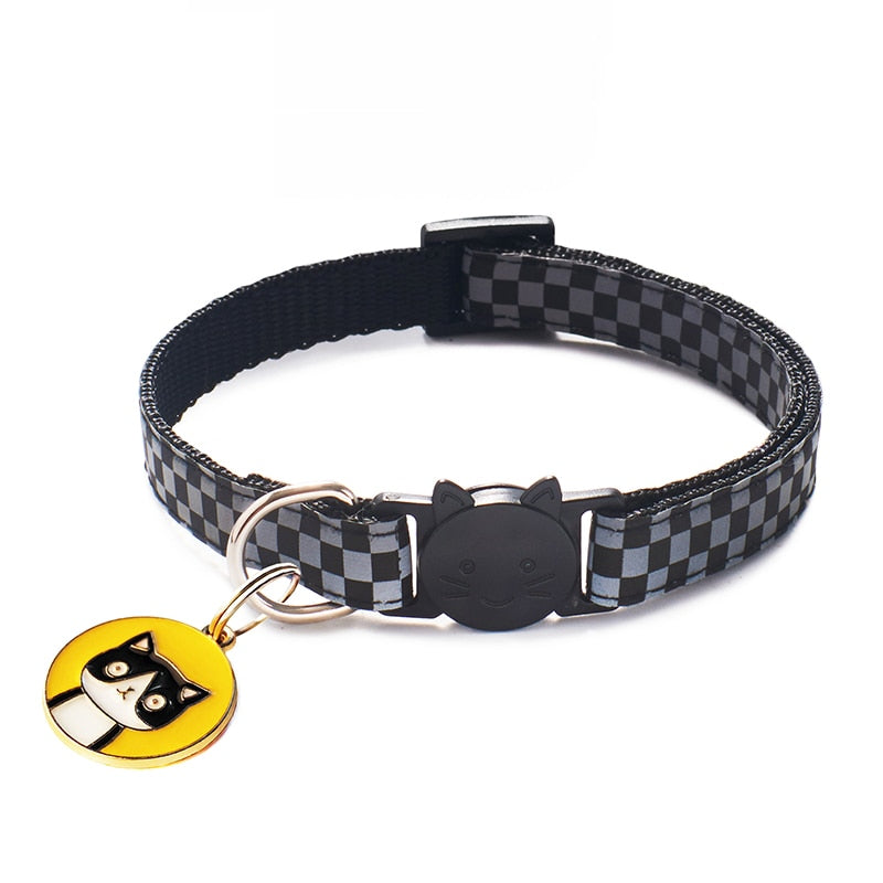 12 Colors Cats Pendants Pet Collars Grid Adjustable Nylon Buckles Check Reflective Pets Collar Cat Head Pattern Accessories
