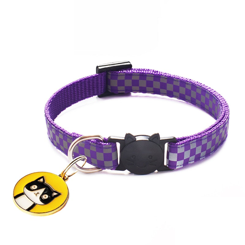 12 Colors Cats Pendants Pet Collars Grid Adjustable Nylon Buckles Check Reflective Pets Collar Cat Head Pattern Accessories