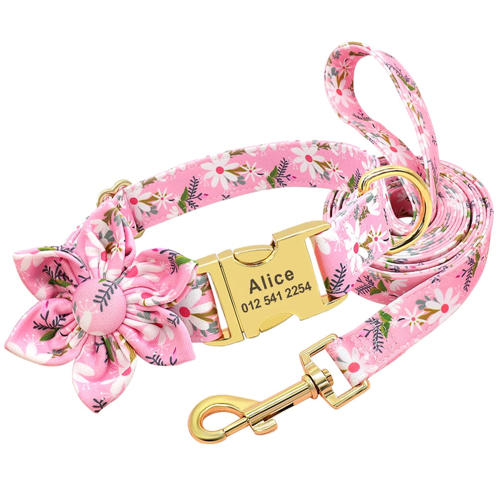 Flower Print Dog Collar And Leash Set Personalized