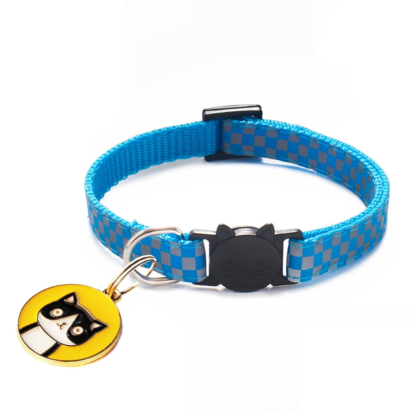 12 Colors Cats Pendants Pet Collars Grid Adjustable Nylon Buckles Check Reflective Pets Collar Cat Head Pattern Accessories
