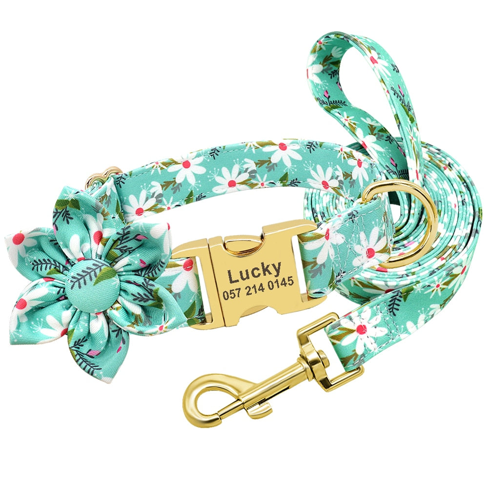 Flower Print Dog Collar And Leash Set Personalized