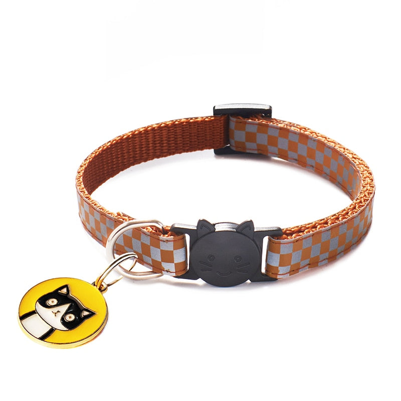 12 Colors Cats Pendants Pet Collars Grid Adjustable Nylon Buckles Check Reflective Pets Collar Cat Head Pattern Accessories