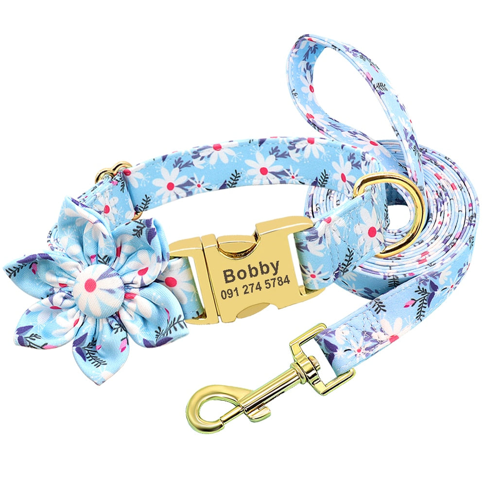 Flower Print Dog Collar And Leash Set Personalized