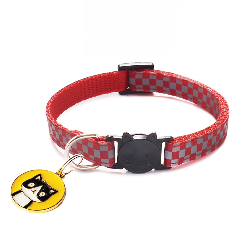 12 Colors Cats Pendants Pet Collars Grid Adjustable Nylon Buckles Check Reflective Pets Collar Cat Head Pattern Accessories