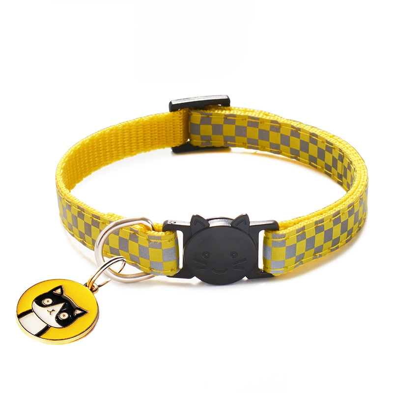 12 Colors Cats Pendants Pet Collars Grid Adjustable Nylon Buckles Check Reflective Pets Collar Cat Head Pattern Accessories