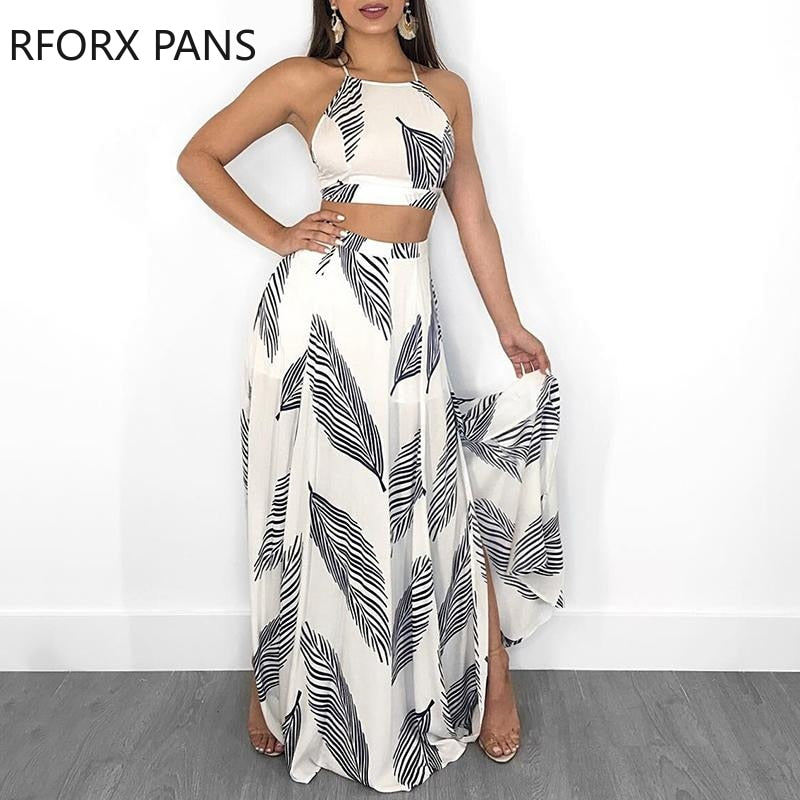 Women Leaf Print Backless Two Pieces Dress