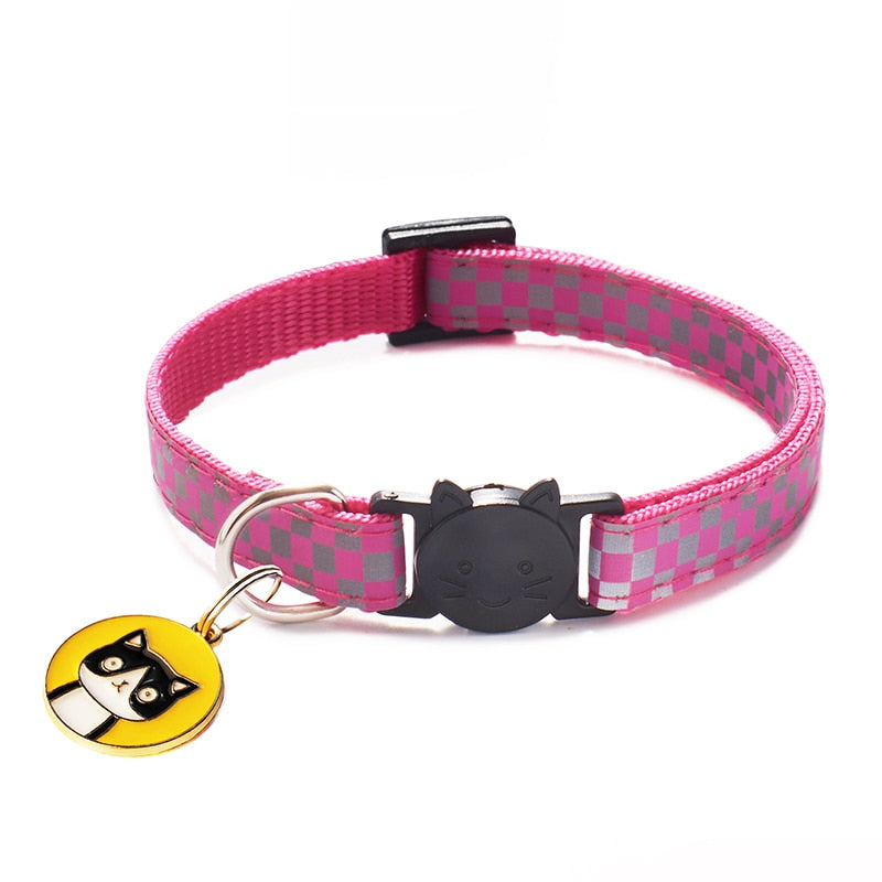 12 Colors Cats Pendants Pet Collars Grid Adjustable Nylon Buckles Check Reflective Pets Collar Cat Head Pattern Accessories