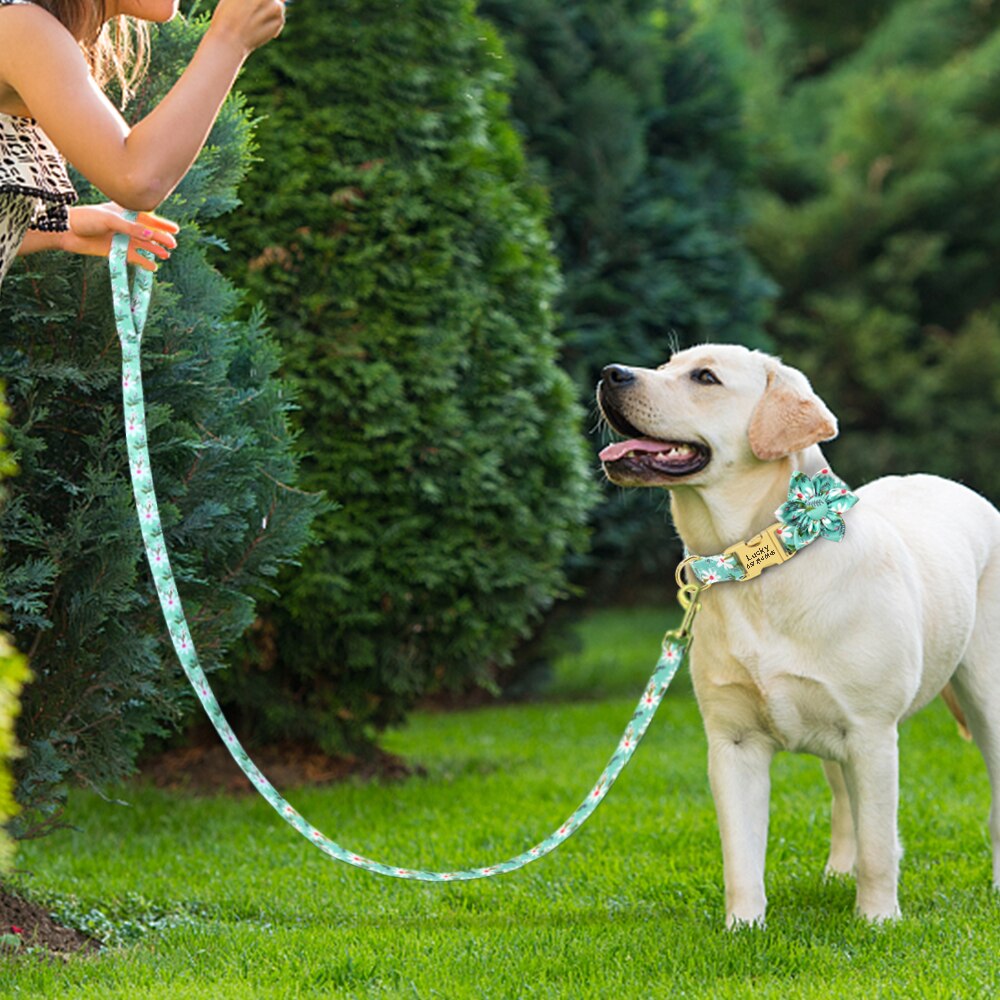 Flower Print Dog Collar And Leash Set Personalized