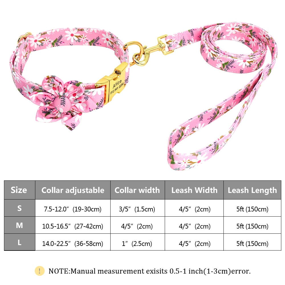 Flower Print Dog Collar And Leash Set Personalized
