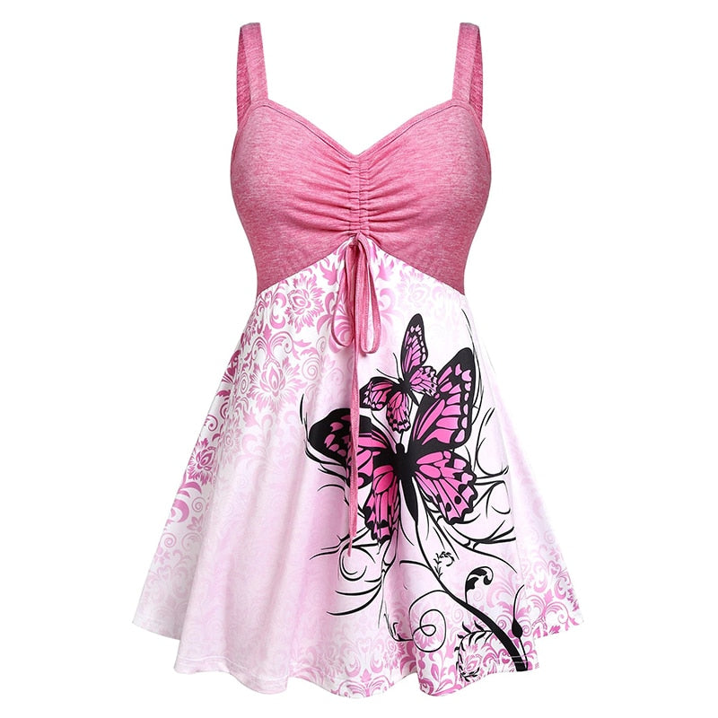 Butterfly Print Ruched Drawstring pleats Mini Dress