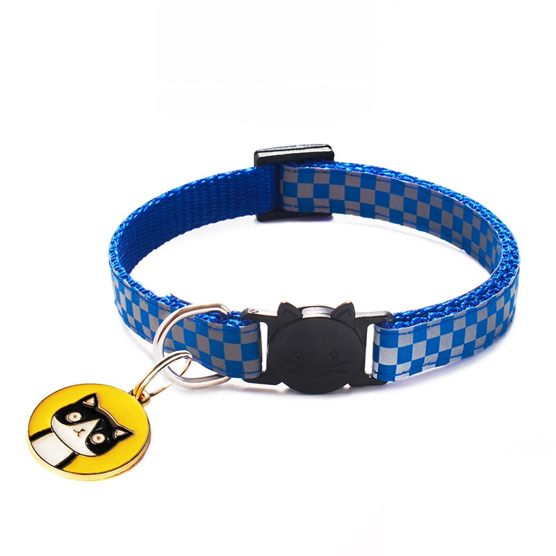 12 Colors Cats Pendants Pet Collars Grid Adjustable Nylon Buckles Check Reflective Pets Collar Cat Head Pattern Accessories