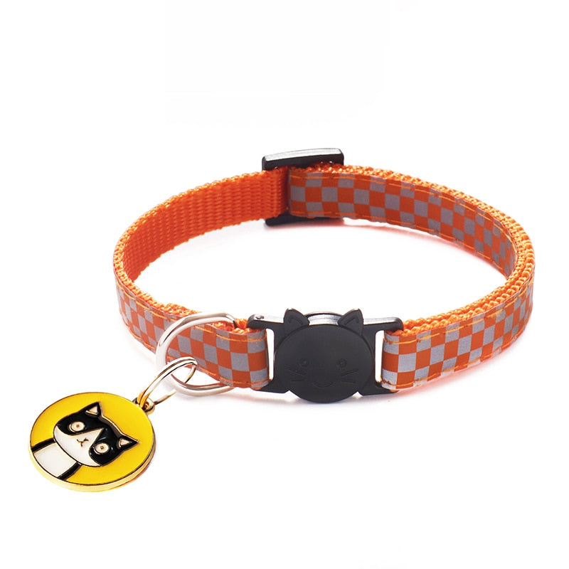 12 Colors Cats Pendants Pet Collars Grid Adjustable Nylon Buckles Check Reflective Pets Collar Cat Head Pattern Accessories