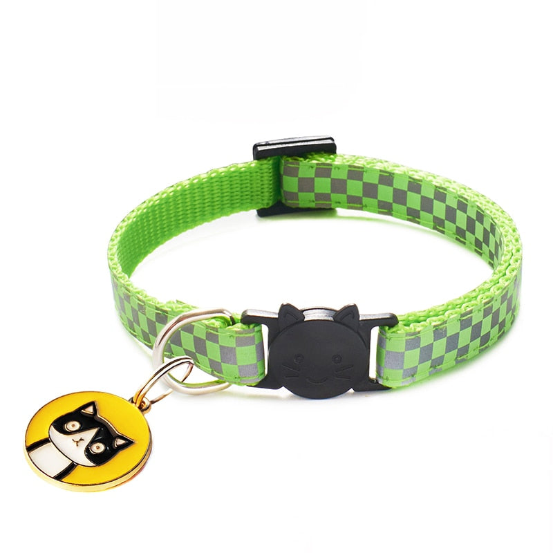 12 Colors Cats Pendants Pet Collars Grid Adjustable Nylon Buckles Check Reflective Pets Collar Cat Head Pattern Accessories