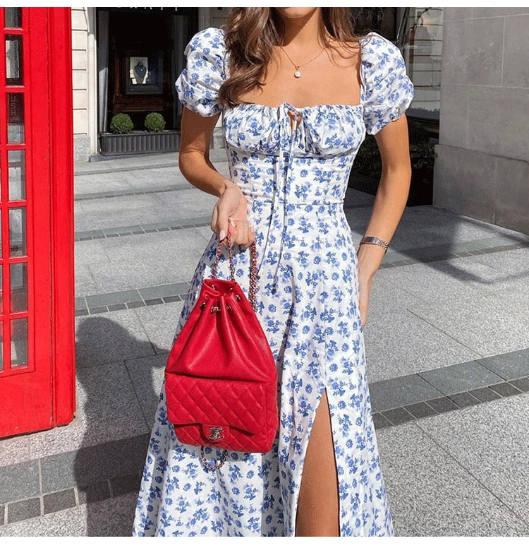 Floral Print Long Dress Summer Puff Sleeve
