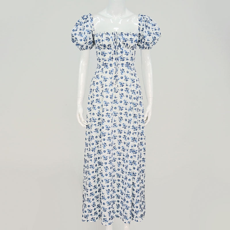 Floral Print Long Dress Summer Puff Sleeve