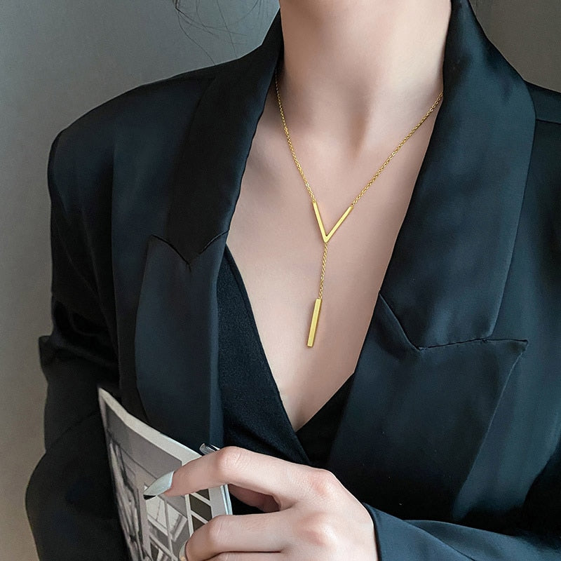 Stainless steel V-shaped long sexy Clavicle Necklace