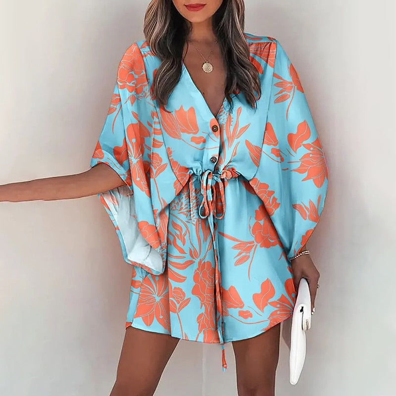 Batwing Sleeve Print Lace Up Mini Dress