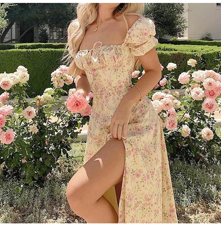 Floral Print Long Dress Summer Puff Sleeve