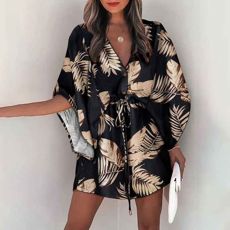 Batwing Sleeve Print Lace Up Mini Dress