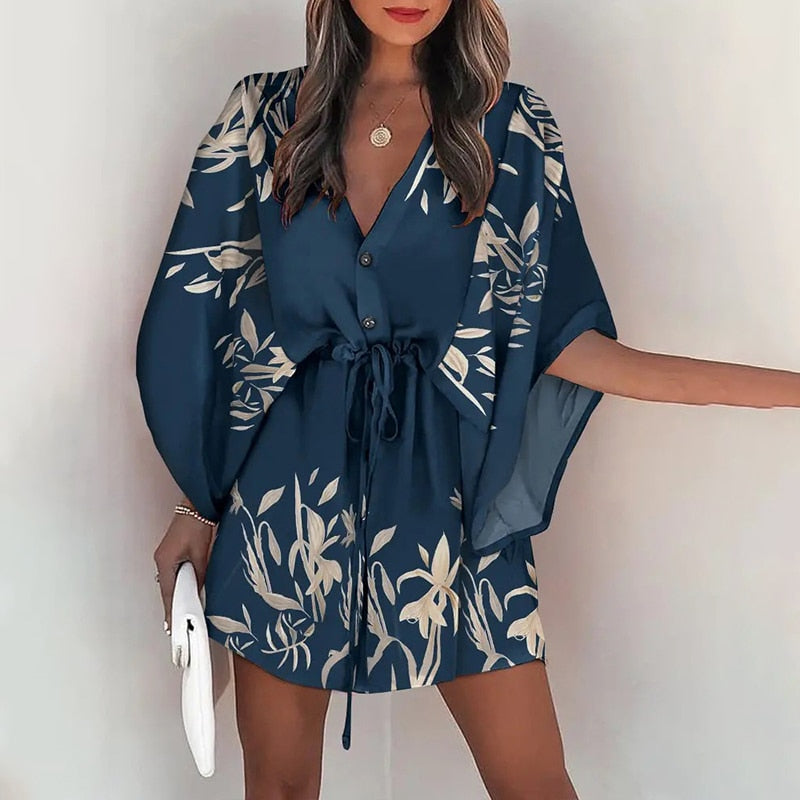 Batwing Sleeve Print Lace Up Mini Dress