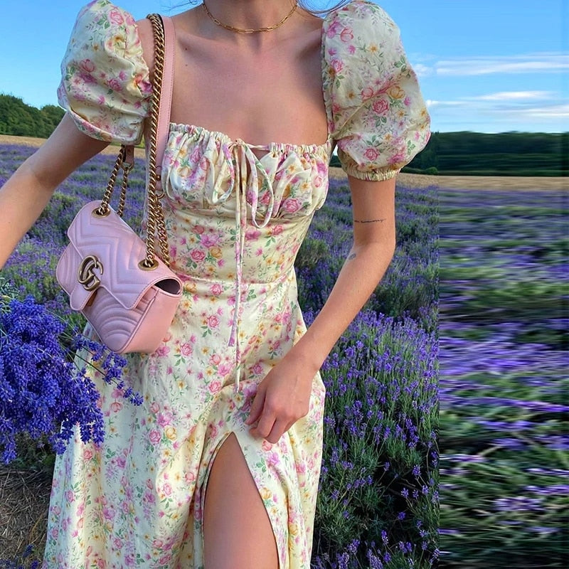 Floral Print Long Dress Summer Puff Sleeve