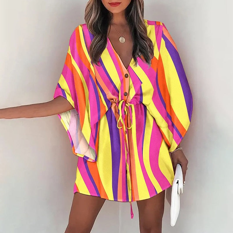 Batwing Sleeve Print Lace Up Mini Dress