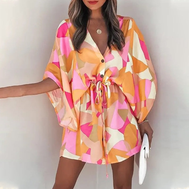Batwing Sleeve Print Lace Up Mini Dress