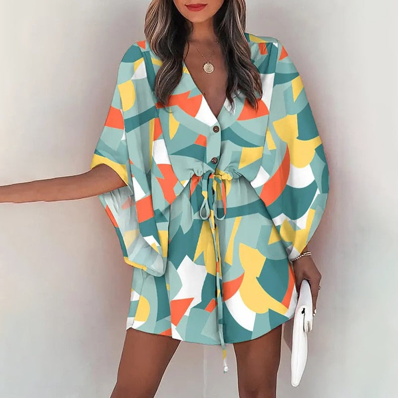 Batwing Sleeve Print Lace Up Mini Dress