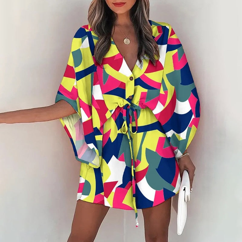 Batwing Sleeve Print Lace Up Mini Dress