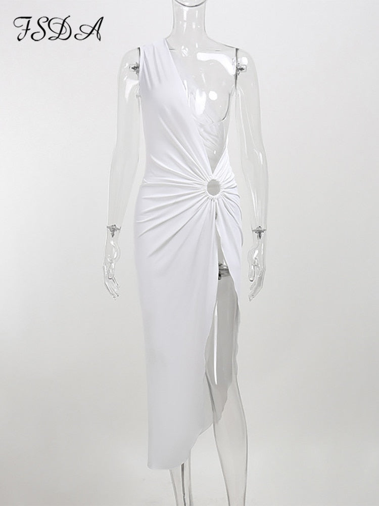 Midi Beach Dress White One Shoulder Sleeveless