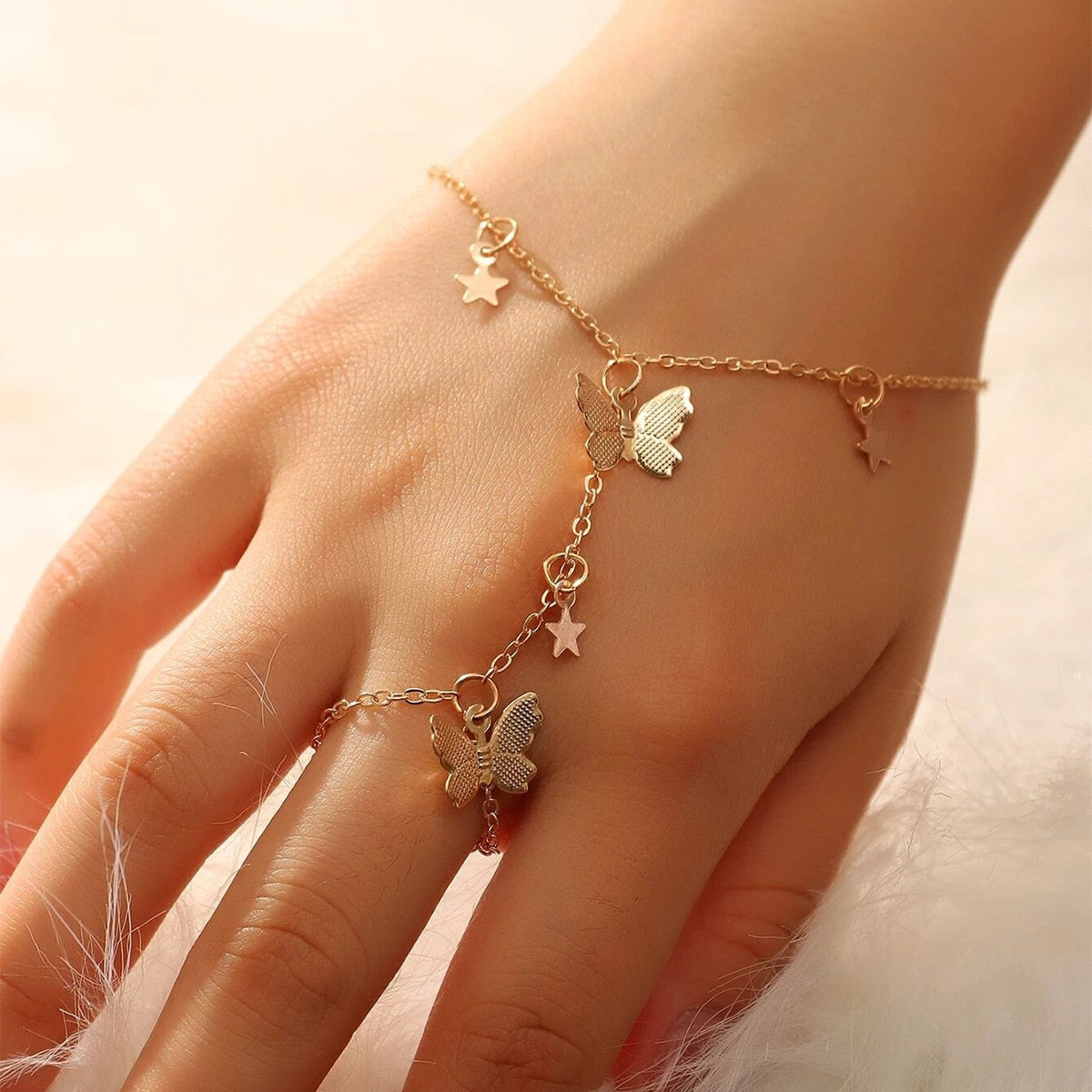 Punk Butterfly Ring With Bracelet Link