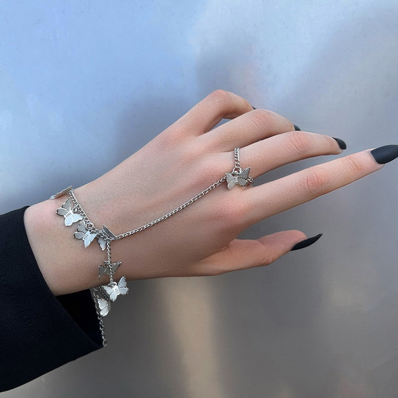 Punk Butterfly Ring With Bracelet Link