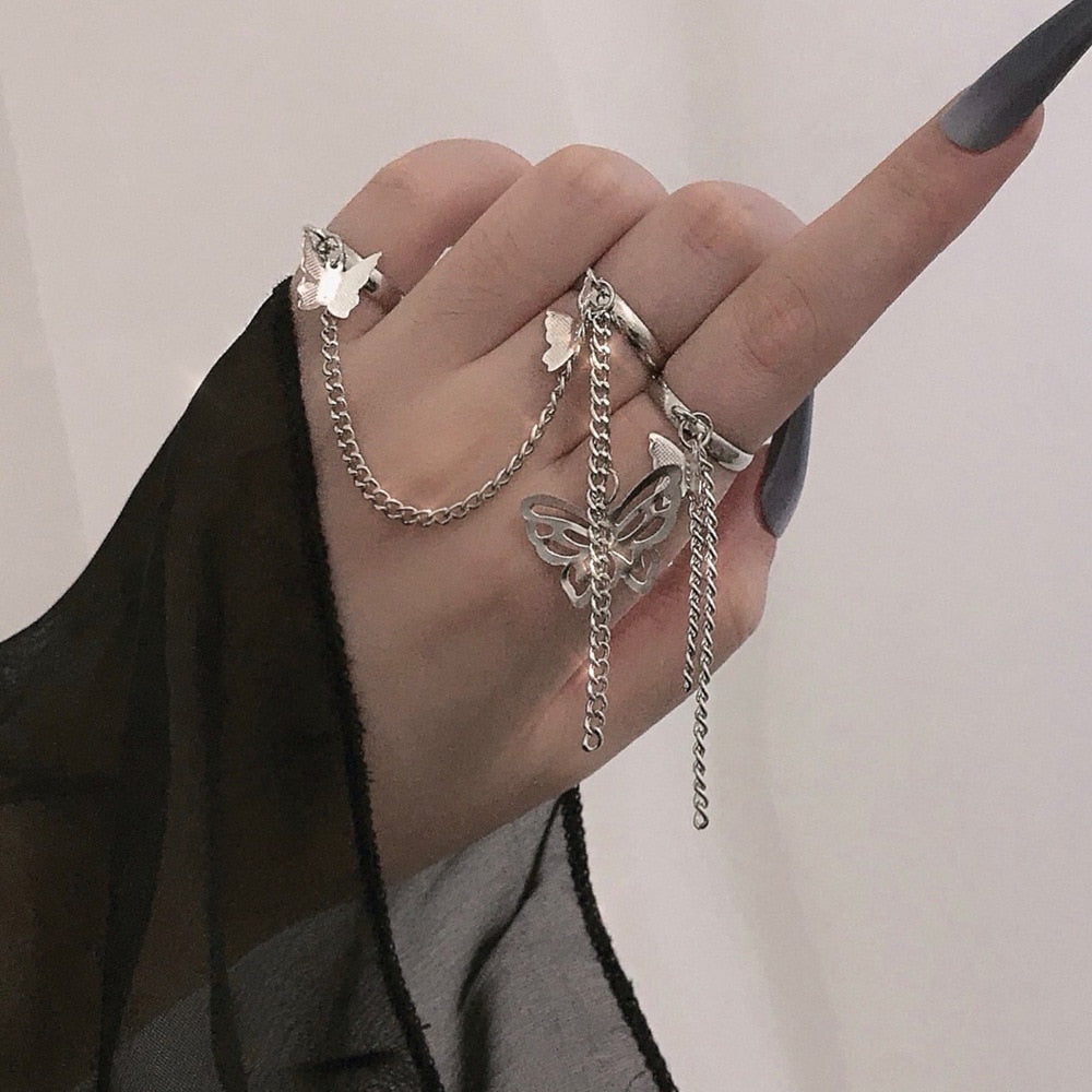 Punk Butterfly Ring With Bracelet Link