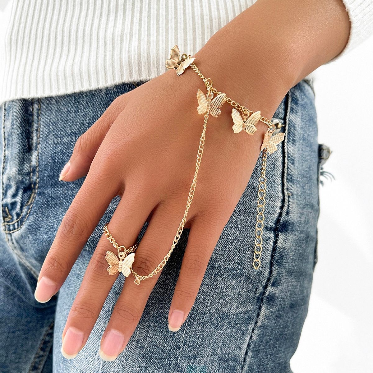 Punk Butterfly Ring With Bracelet Link