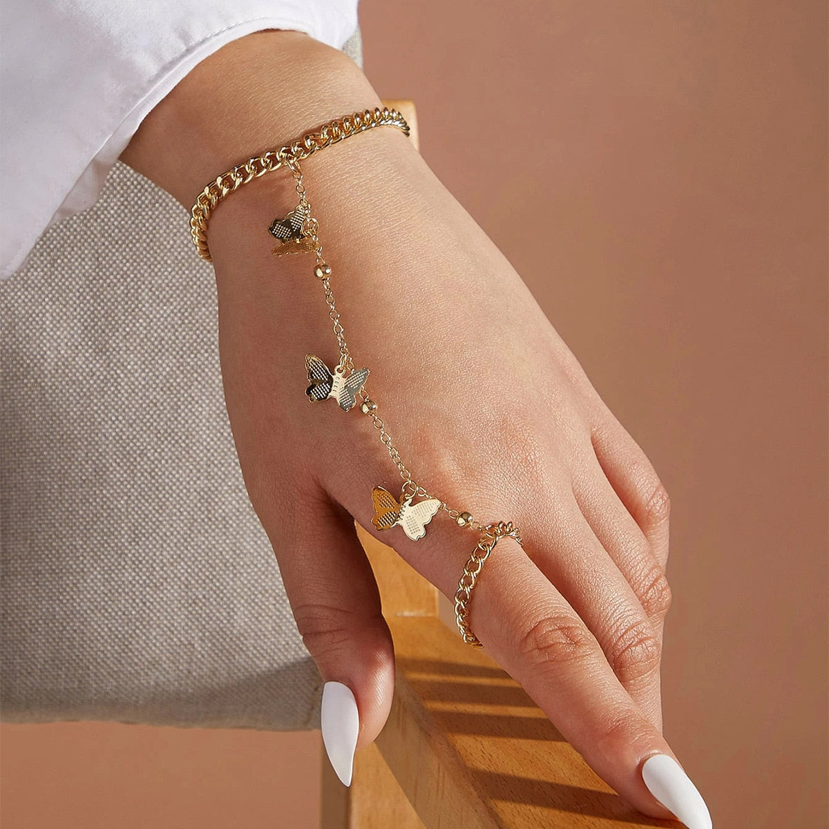 Punk Butterfly Ring With Bracelet Link