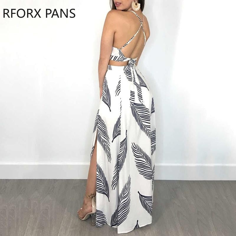 Women Leaf Print Backless Two Pieces Dress